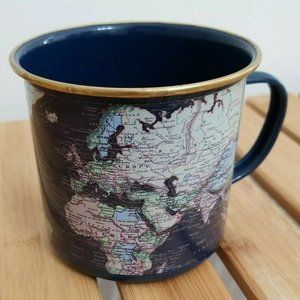 Blue Brass Enamel World Map Coffee Mug, used